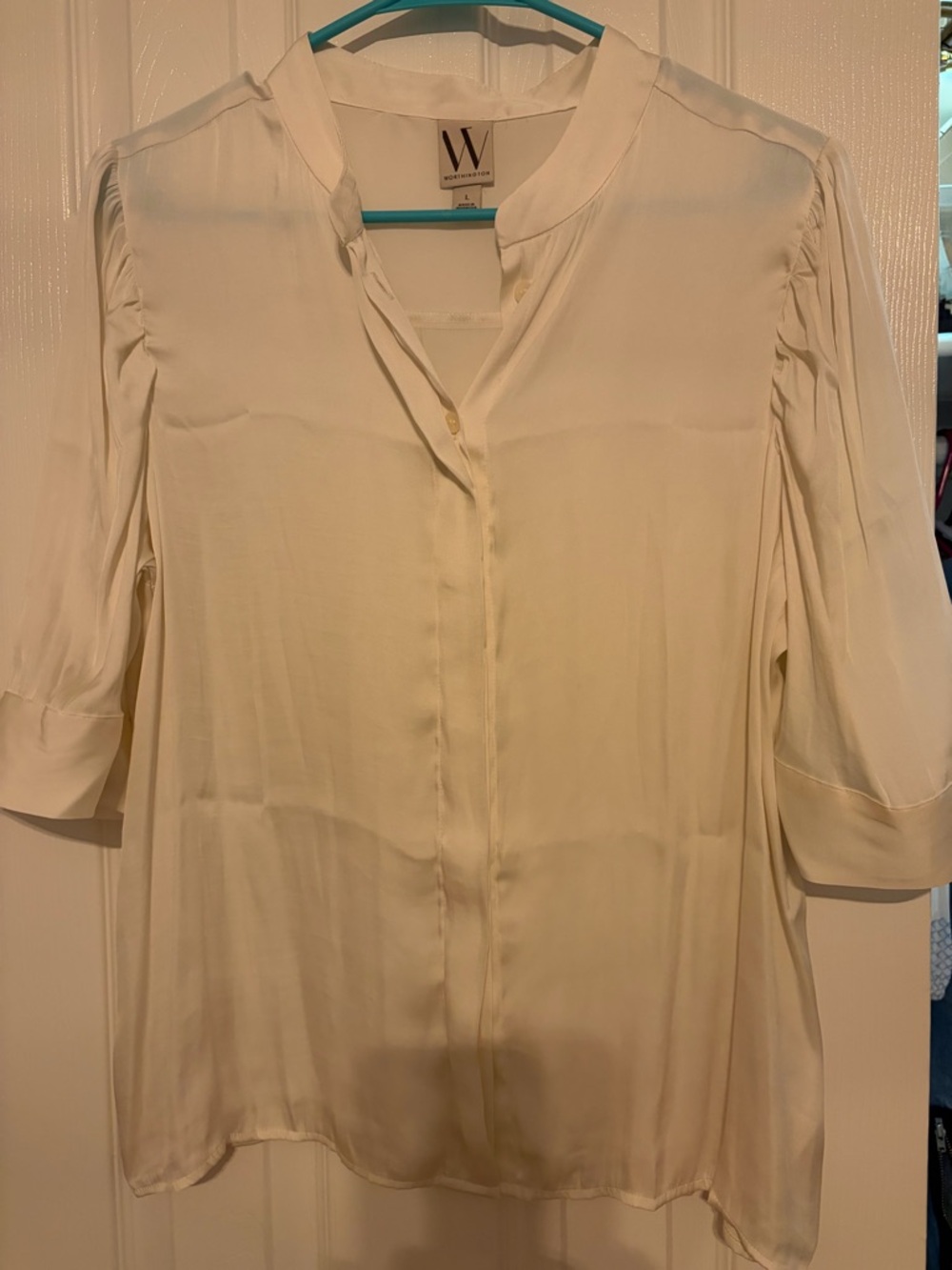 Worthington Cream Button-Down Band Collar Blouse